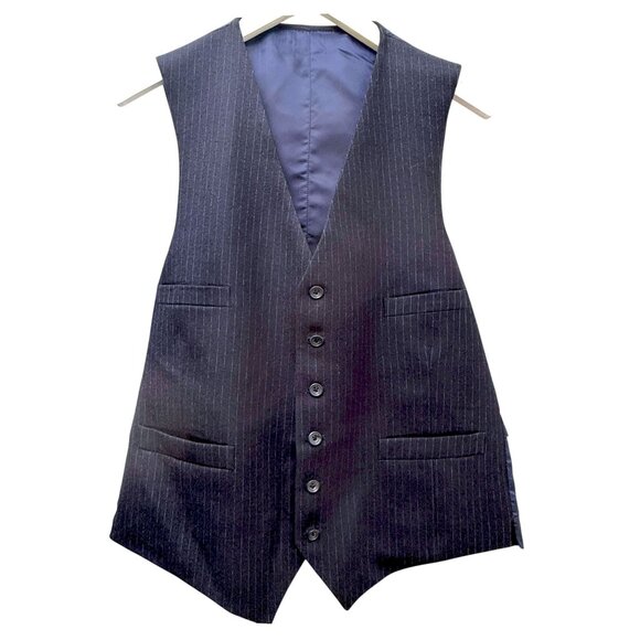 Vintage Pinstripe Vest M/L Navy Blue Mens Suiting Classic Gentleman British Wool - Picture 1 of 7